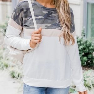 Pink Lily Colorblock Camo Pullover